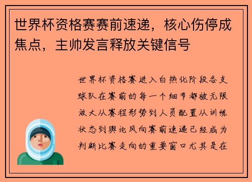 世界杯资格赛赛前速递，核心伤停成焦点，主帅发言释放关键信号